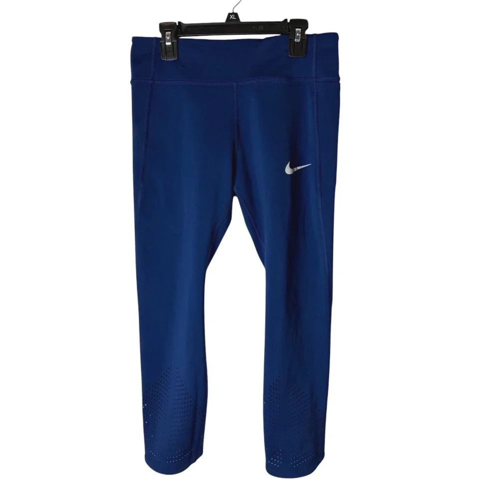 Nike Dri FIT Leggings Women Medium Blue Cropped Laser Cut Pockets‎ Athleisure